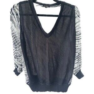 Yuka Paris Sheer Zebra Animal Print Mix Media Thin Knit Sweater Blouse Top S